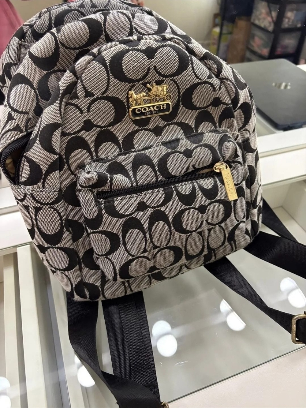 Coach Mini Backpack in Black and Cream Signature Jacquard